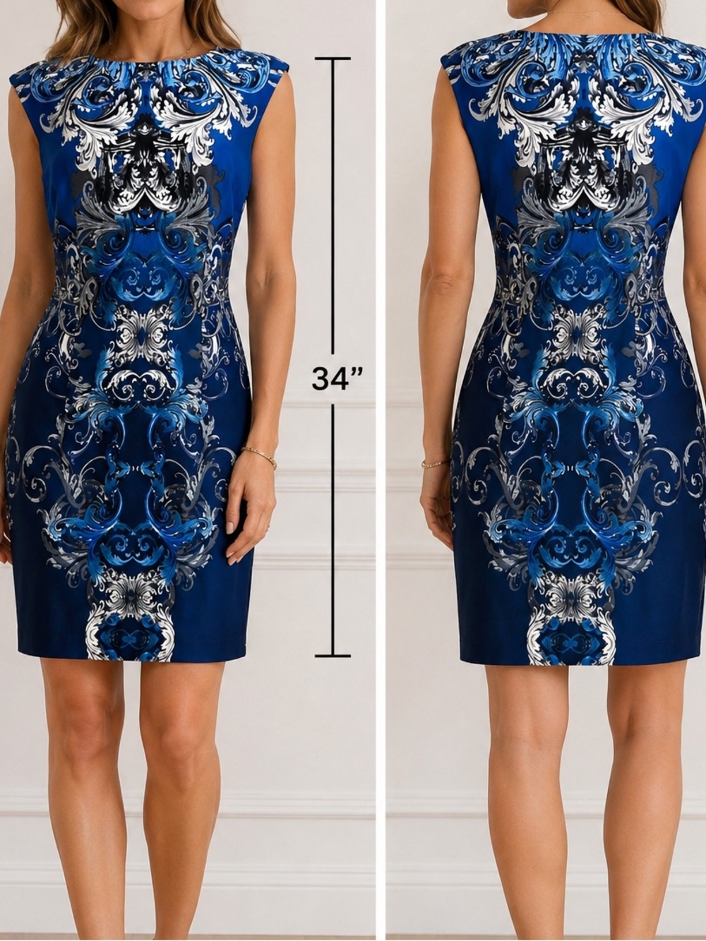 dressbarn Blue and White Baroque-Print Midi Sheath Dress